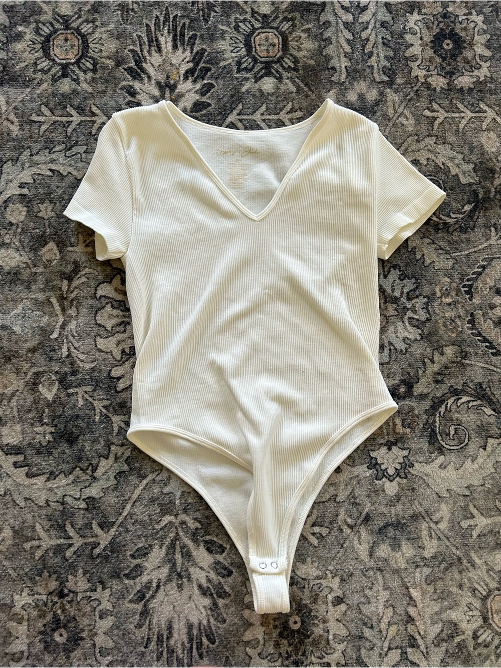 Cream Ribbed V-Neck Bodysuit | Short Sleeve | Soft Stretch Basic